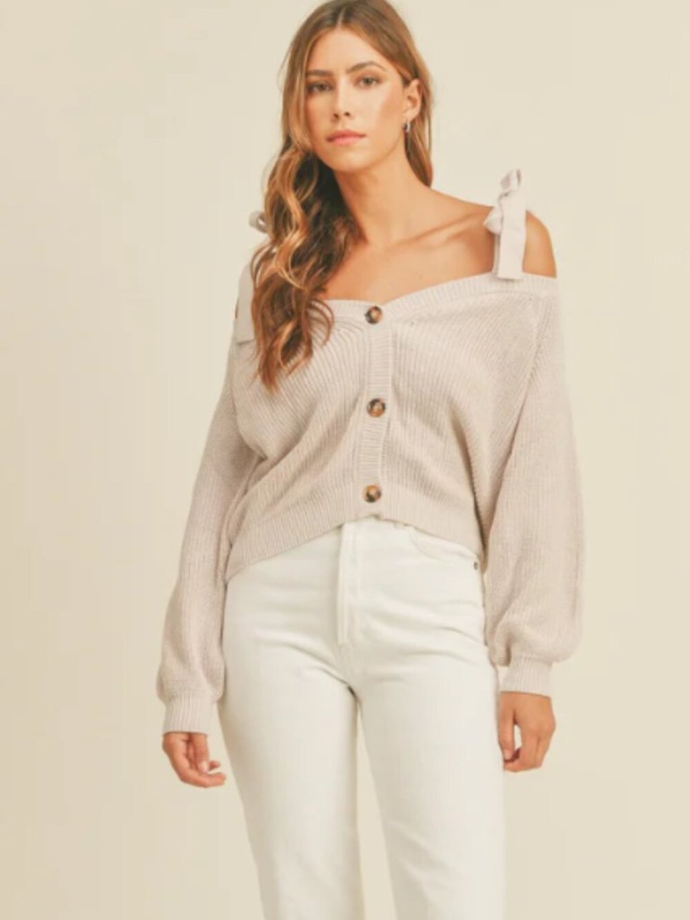 MABLE I Cream Off Shoulder Self-Tie Strap Button Down Cardigan Sweater, L - Picture 4 of 14